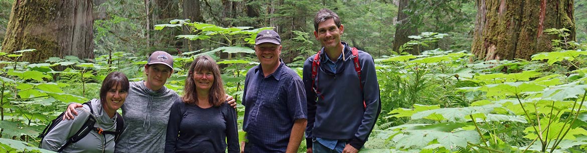 Exploring the Incomappleux Valley in BC, one of the projects funded by the Wyss Foundation, L-R: Elana Rosenfeld, Hillary Page, Nancy Newhouse, Richard Klafki, Ryan Bidwell (Wyss Foundation) (Photo by Richard Klafki/NCC staff)