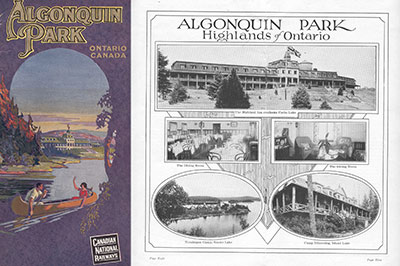 1925 Canadian National Railways Algonquin Park pamphlet showing painting of Highland Inn on cover, with centerfold photographs of Highland Inn, Nominigan Camp and Camp Minnesing (Public Domain)