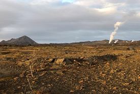 Sparsely vegetated volcanic landscape east of Lake Myvatn, North Iceland, with geothermal steam in background (Photo by Paula Noel/NCC staff)