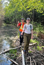 Nova Scotia interns Matt Nettle (left) and Jill Ramsay (right) crossing a beaver dam on a property near Yarmouth, NS. (Photo by Sam Ceci/NCC Staff)