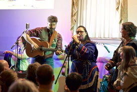 The band in action with our throat-singing friends Lynda Brown and Heidi Langille (Photo by Dan Roy)