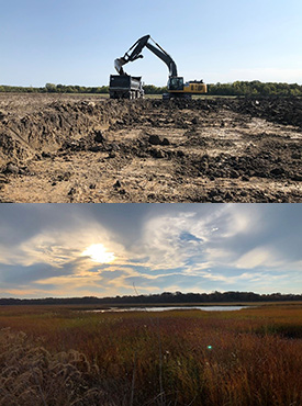 Before and after —- digging the wetland. (Photos by Jill Crosthwaite/NCC staff)