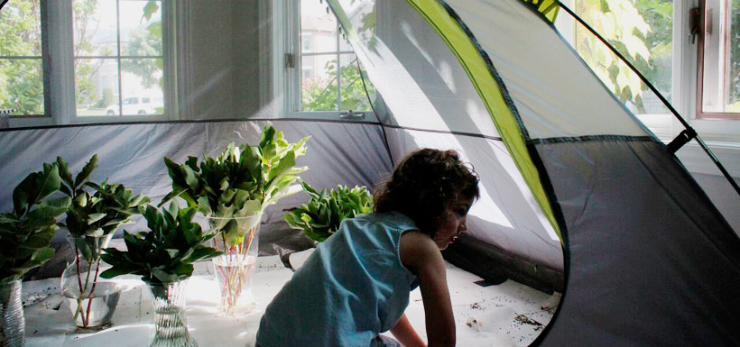 Hannah makes a home for the monarchs in a camping tent. Every two days, she and her dad replesh the milkweed cuttings. The tent allows the monarchs to rove as they would in nature. (Photo by NCC)