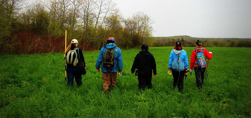 Group of volunteers walking to go plant trees at Crabbes River (Photo by A. Mahoney)