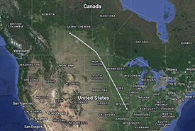 Map showing the birds' migration from Saskatchewan, passing through Manitoba to Missouri