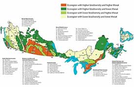 Map of study area showing ecoregions ranked on total biodiversity and total threat score (Map by NCC)