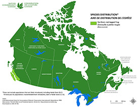 Distribution of northern red-legged frog in Canada (Map by NCC)