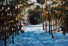 Peinture réalisée par John Ryan de sa forêt en hiver