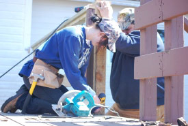 NBCC Moncton Carpentry student working on a public viewing platform at Johnson's Mills, NB (Photo by NCC)