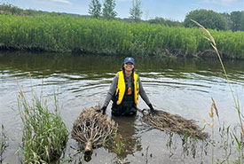 Misha Golin in waders with retired trees at a creek (Photo by NCC)