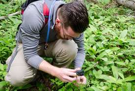 Cataloguing biodiversity on NCC properties is an important aspect of monitoring ecosystem health and alterations. Here, Mitchell MacMillan takes a photo of a plant to ID and record during an assessment on Holman's Island, PEI (Photo by Sean Landsman).